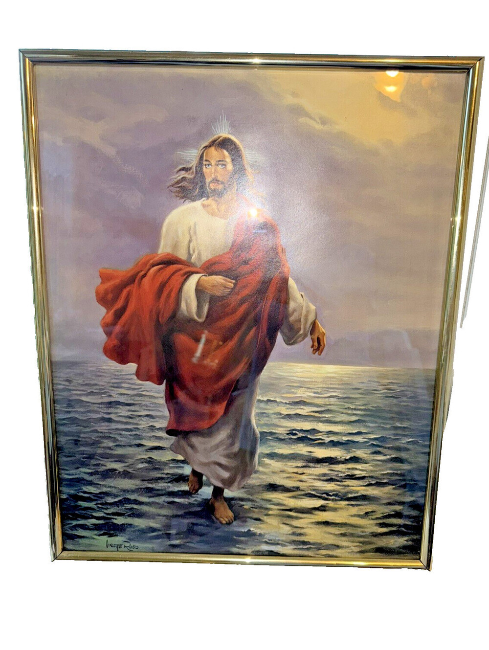 Vintage Framed Religious Print Jesus Walking on Water, grandmacore wall decor